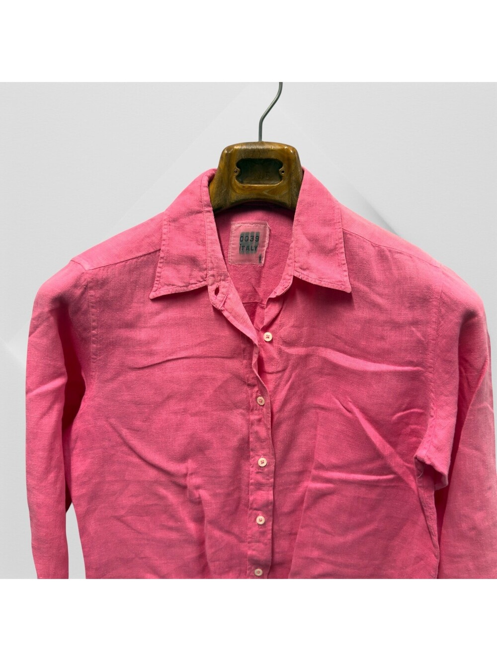 0039 Italy Button Up Shirt S Small Pink Linen Weave Long Sleeve Collared Blouse